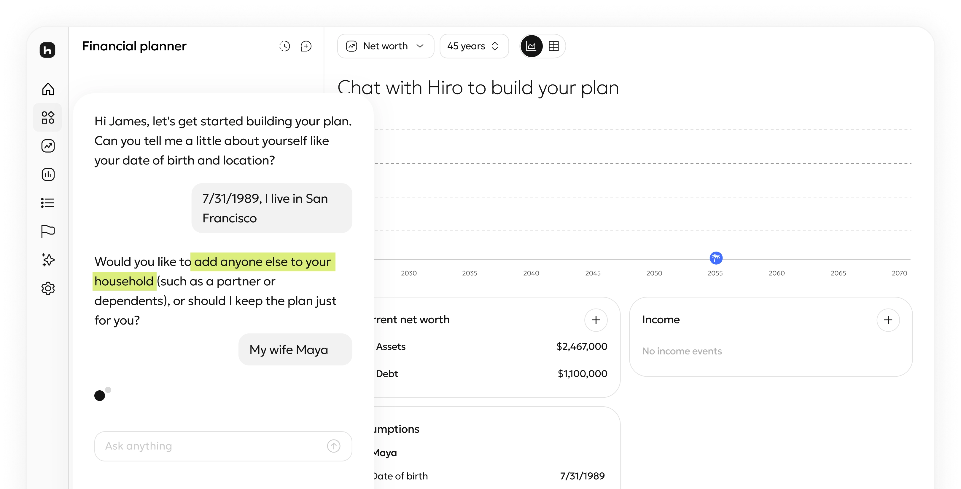 Financial planning dashboard showing build your plan in minutes
