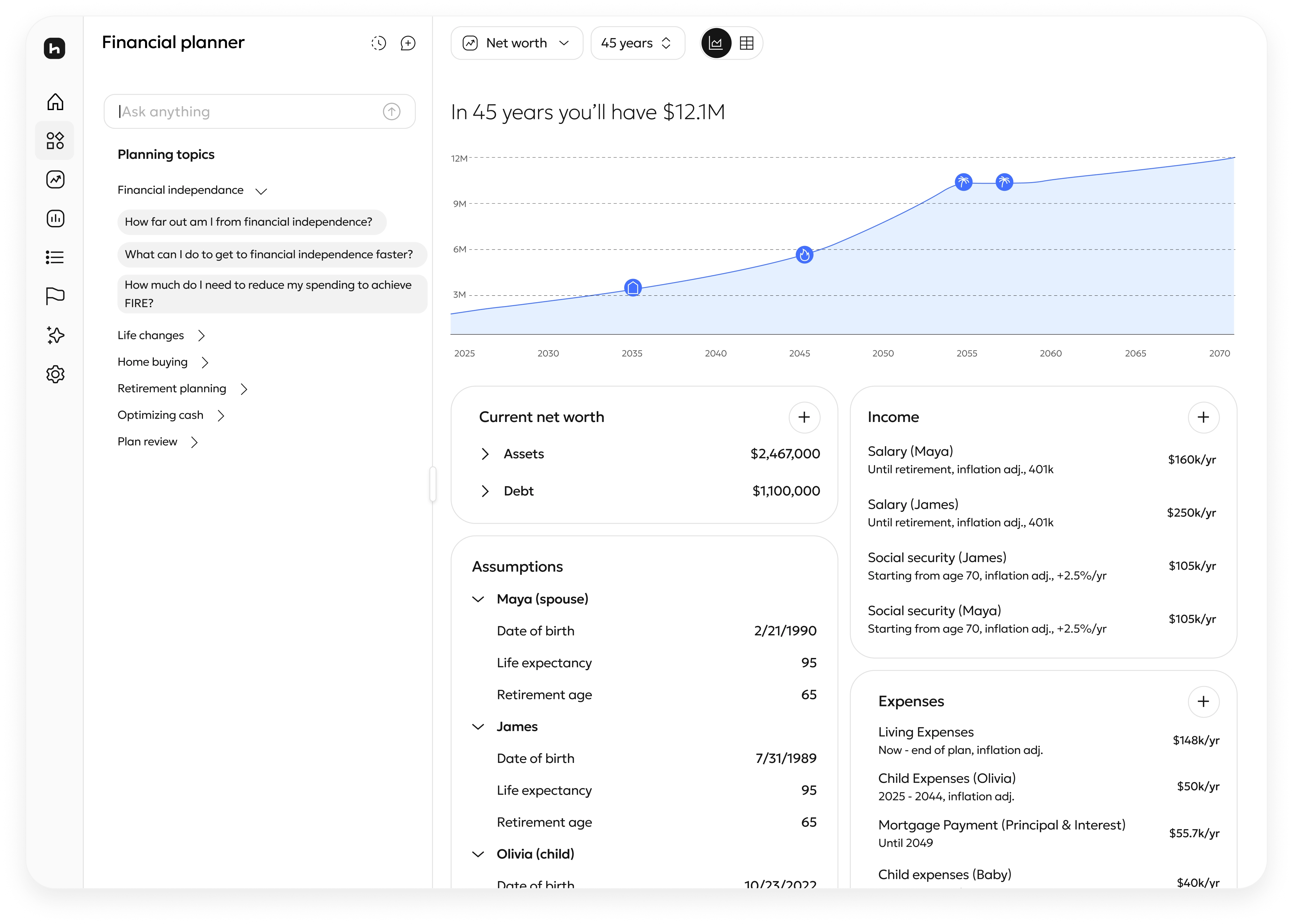 Hiro financial planning dashboard on desktop