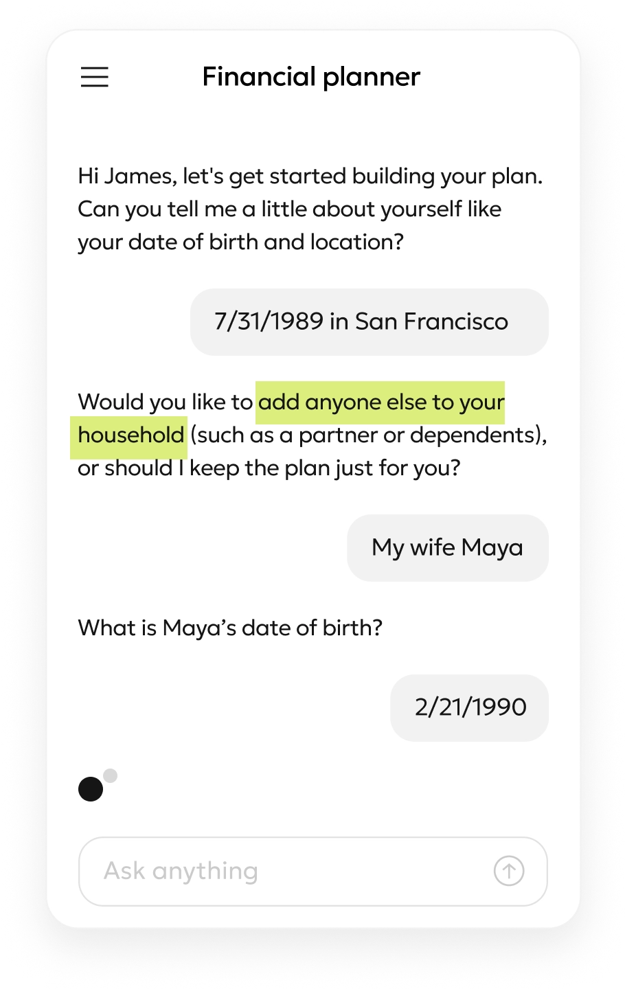 Financial planning dashboard showing build your plan in minutes